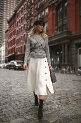 Gingham Jacket, Ivory Midi Skirt + Sculptural Earrings