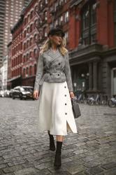 Gingham Jacket, Ivory Midi Skirt + Sculptural Earrings