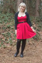 Outfit: Heart Print Tights, Food Pins, Red Dress, and Loafer Heels