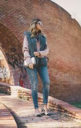 RUFFLED SWEATER + FUR VEST