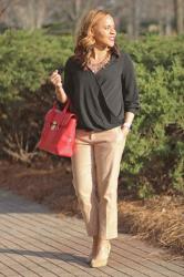 Banana Republic Black top, camel pants