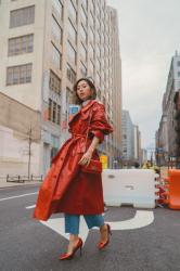 Red Patent Trench Coat with Red Metallic Heels