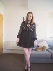 BOOHOO BLACK EMBROIDERED SKATER DRESS