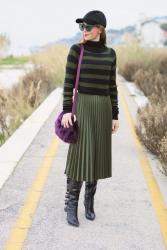 Faux fur bag and Muff with green pleated skirt
