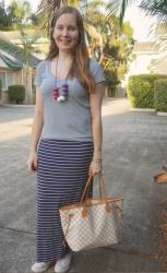 Louis Vuitton Neverfull, Grey Tees and Printed Maxi Skirts: SAHM Style