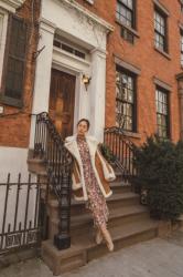 Floral Dress with a Shearling Jacket for Meetings during NYFW