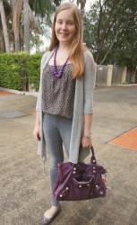 Rainy Day Style: Ruffle Camis and Skinny Jeans With Purple Balenciaga Work Bag