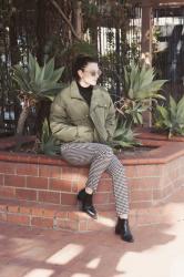 green puffer + gingham pants