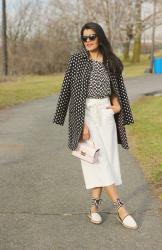 Polka Dots Outfits // J.Crew Ratti Cold Shoulder Top // Box Bag On A Budget //Wide Leg Denim