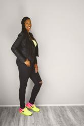 Neon Nike Zoom All Out FlyKnit + Black Faux Leather Moto Jacket