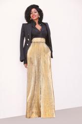 Double Breasted Blazer + High Waist Gold Lame Pants