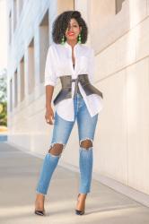 Boyfriend Shirt + Peplum Belt + Ripped Levi’s