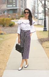 Off Shoulder Ruffled Sleeves Piping Blouse // Black& White Striped Culottes // Everlane Loafers