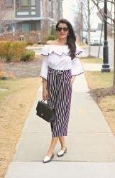 Off Shoulder Ruffled Sleeves Piping Blouse // Black& White Striped Culottes // Everlane Loafers