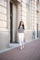 High Waisted Denim + Comfortable Booties + Stripe Ruffle Top