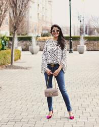 Spring Outfit Idea: Bell Sleeve Blouse, Gucci Marmont Nude Bag And Fuchsia Pumps