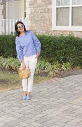 Spring Outfit Idea : Ruched Sleeve Boatneck Gingham Top // Cult Gaia Ark Bag // Pale Blue Loafers