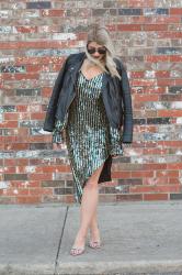 A Sequin Dress + Leather Jacket for Take 5.