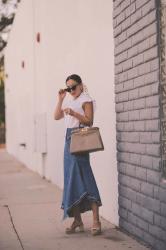 Pussy-Bow Tie Shirt & Denim Skirt with Asymmetric Hem