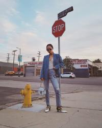 Blue Blazer and a Polka Dot Top for a Casual Day in LA