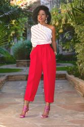 Deconstructed One Shoulder Top + Pleated Ankle Length Pants