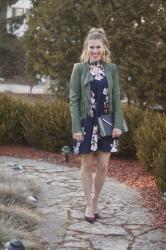 Blue Floral Dress & Olive Moto Jacket 