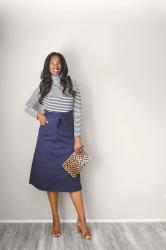 Navy Midi Skirt + White and Navy Stripe Turtleneck