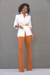 White Single Button Blazer + High Waist Pants