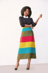 Collared Crew Neck + Color Block Midi Skirt