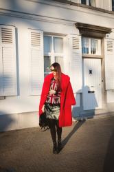 Red fur coat and platform boots