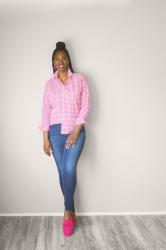 Bright Pink Gingham Shirt + Bright Pink Mules