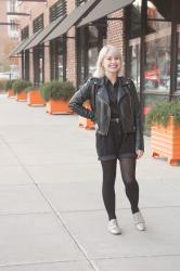 Outfit: Black Star Print Shirt, Corduroy Shorts, and Silver Oxfords