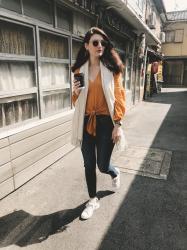 orange blouse + denim 