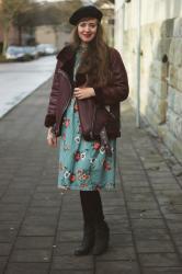 Floral Midi dress and Biker jacket