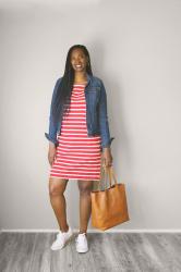 Red Stripe Tee Dress + Denim Jacket