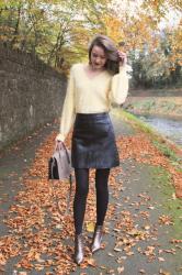 Elegant Fall Outfit :: Yellow NA-KD Sweater, Black Skirt and Metallic Shoes