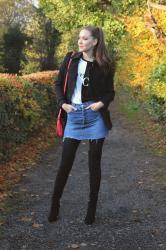 Fall Outfit :: Bye and Ciao : Peacoat, Denim Skirt and Over the Knee Boots
