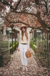 Outfit: cream silk on white denim