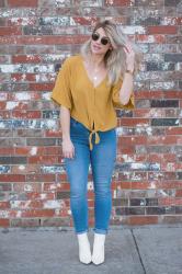 Mustard Blouse + White Booties.