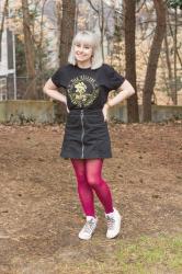 Outfit: Concert Tee, Black Denim Mini Skirt, Pink Tights, and White Converse