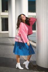 Pink Sweater and Denim Skirt