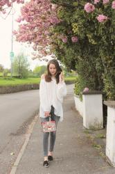 Blooming Trees :: Spring Romantic Outfit : Off-The-Shoulder Top and Skinny Jeans