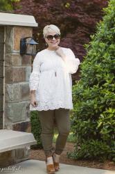 White Eyelet Top & Olive Jeans