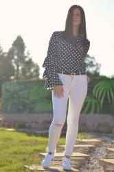Polka dot blouse and Nike Classic Cortez from Footway