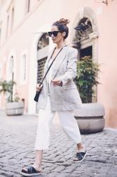 White outfit + grey blazer
