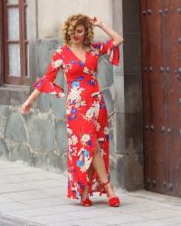 Bell Sleeve Flower Print Wrap Maxi Dress / FASHION