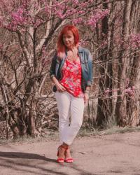 Red Floral Tank Top & White Jeans: Sometimes When It Rains It Pours