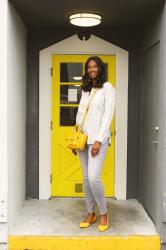 Bee Print Button Up Shirt + Gray Skinny Jeans