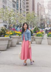 Jean Jacket & Pink Midi Dress