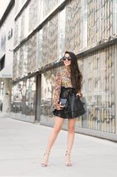 Florals Ruffles :: Ruffle blouse & Leather skirt